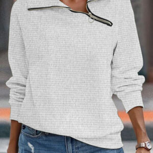 Women's Retro Casual Slant Collar Zipper Solid Color Sweatshirt