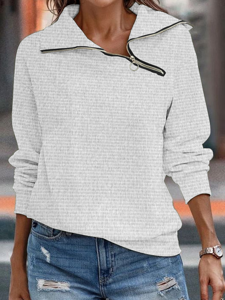 Women's Retro Casual Slant Collar Zipper Solid Color Sweatshirt