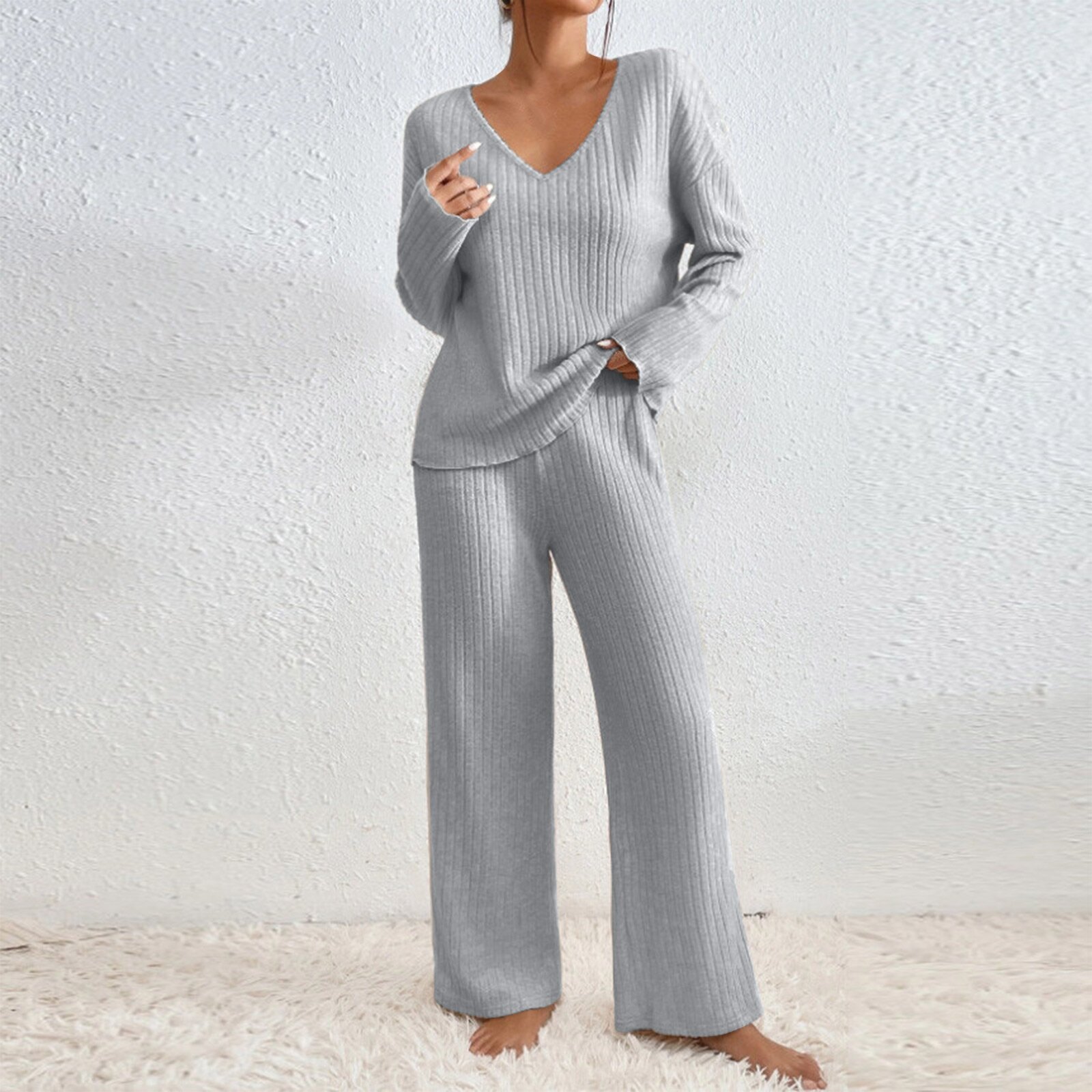 Long Sleeve V-neck Knitted Sunken Stripe Brushed Loose Leisure Suit - Image 9