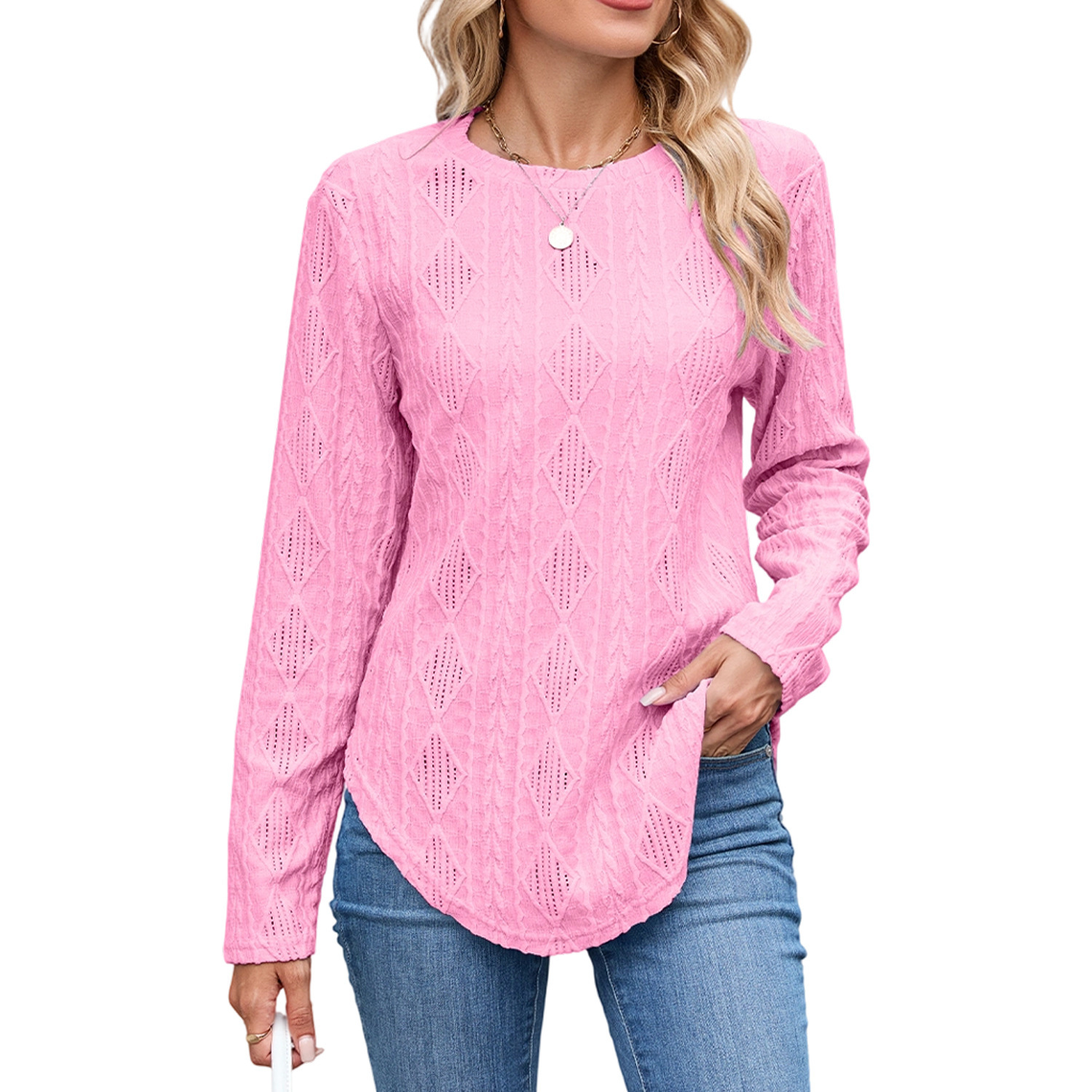 European And American Leisure Round Neck Long Sleeve Curved Hem T-shirt - Image 8