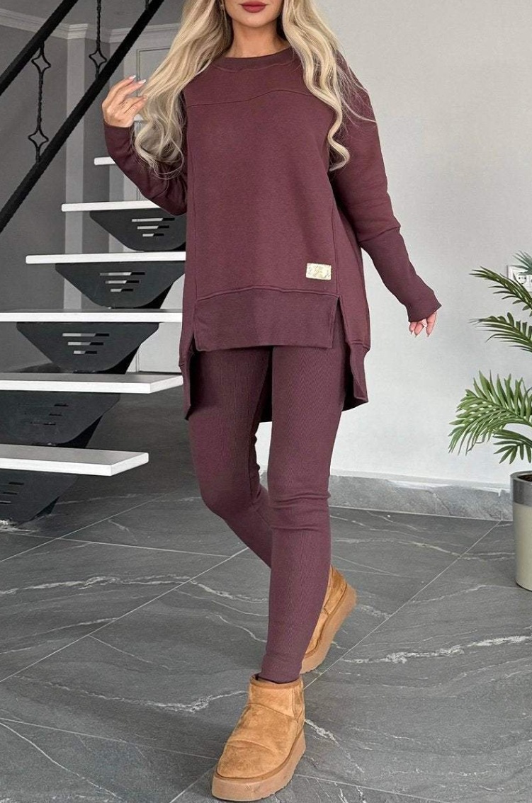 Women's Slit Long Sleeve Top And Trousers Suit - Image 4