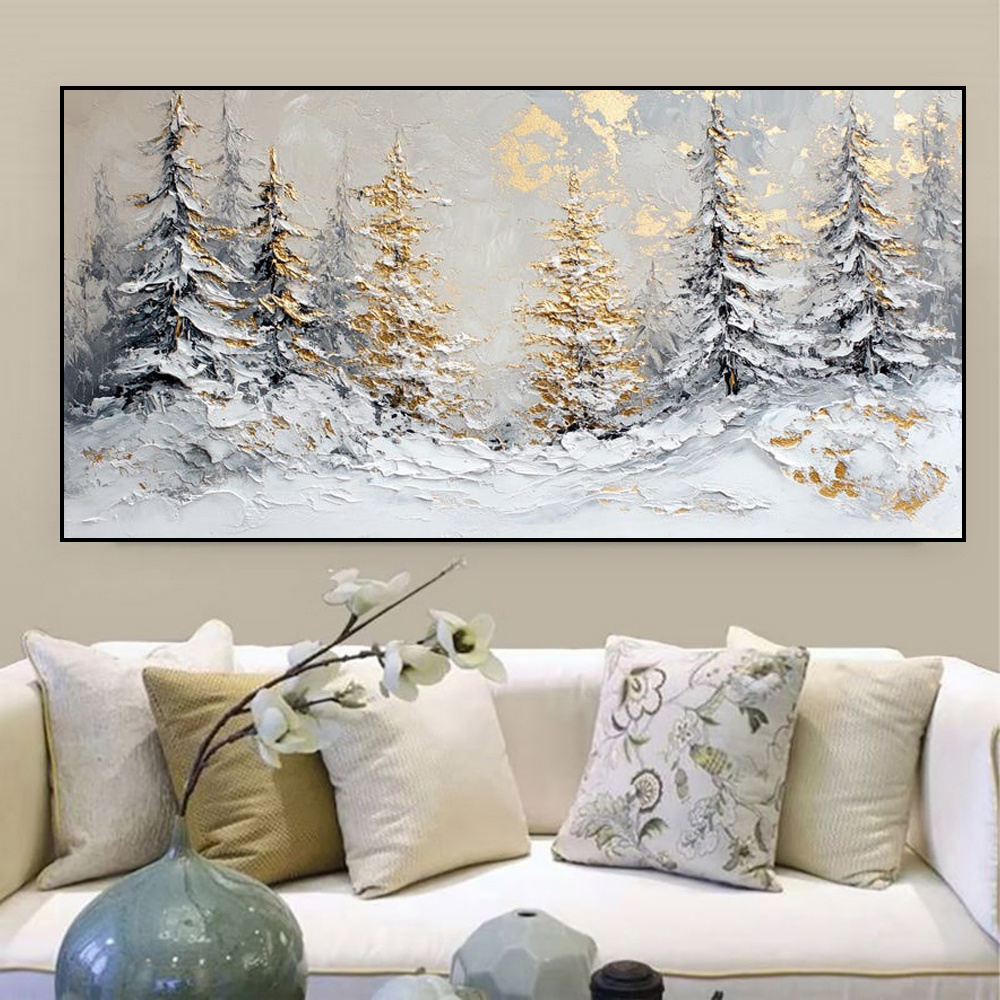 Handmade Oil Painting Canvas Wall Art Decoration Christmas Snowy Winter Scene Golden Pine Trees For Home Decor Rolled Frameless Unstretched Painting - Image 5