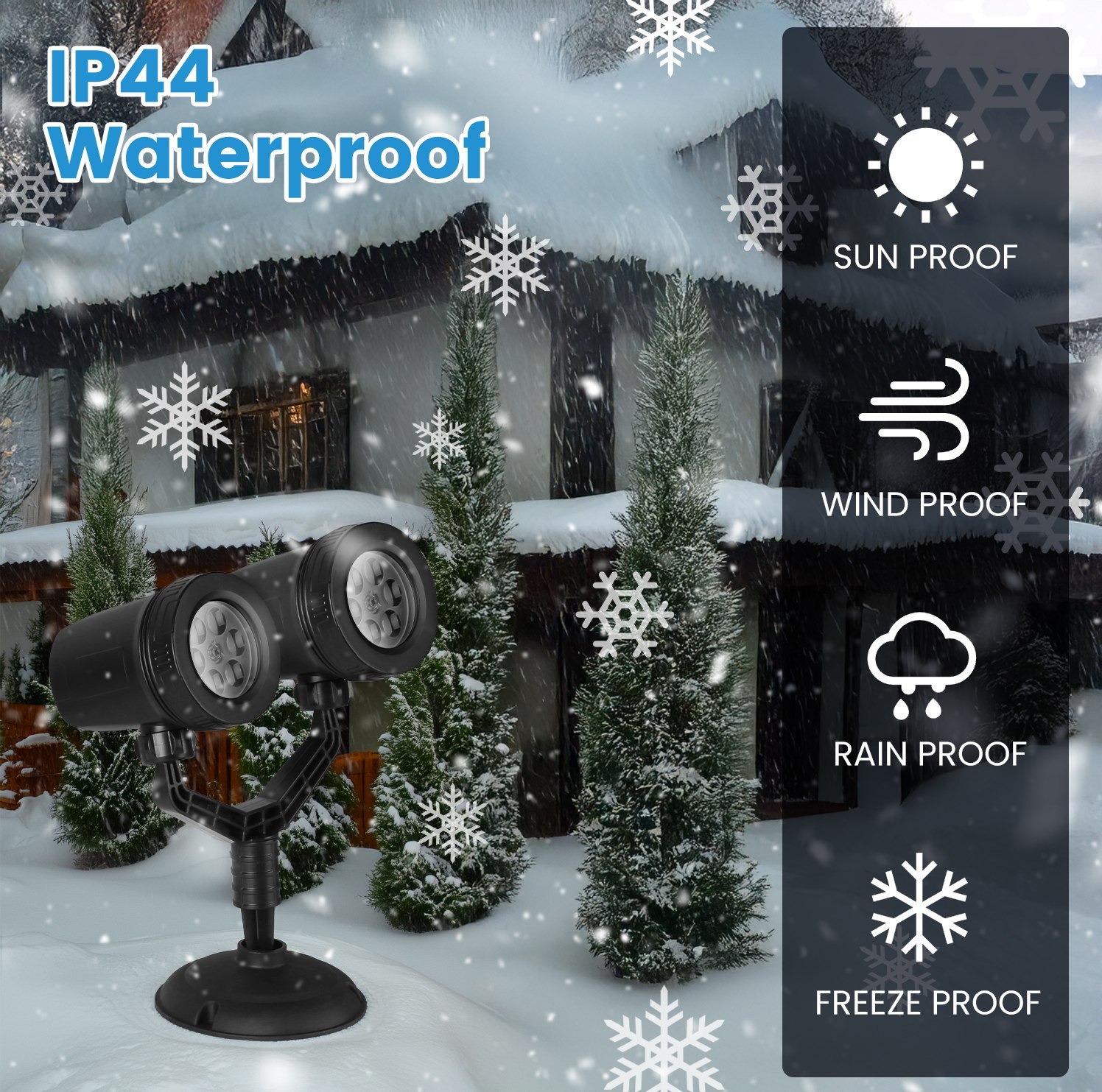 1Pc Christmas Snowflake Projector Light Dual Head LED Stake Light IP44 Waterproof Xmas Decoration For Holiday Indoor Outdoor Use Garden Patio Wall Decor - Image 3