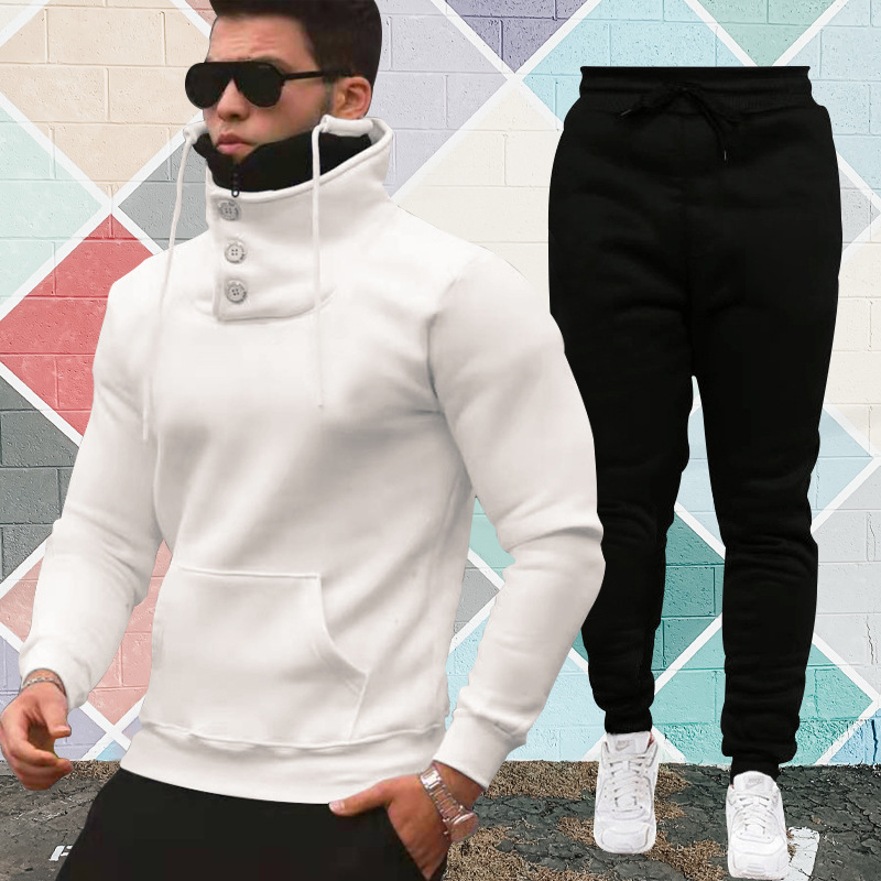 Hooded Pullover High Collar Double Collar Plush Casual Sports Sweater Suit For Men - Image 2