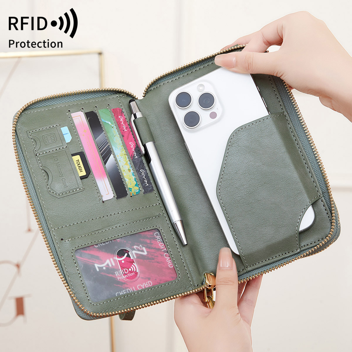 RFID Multi-functional Double Zipper Storage Crossbody Wallet - Image 7