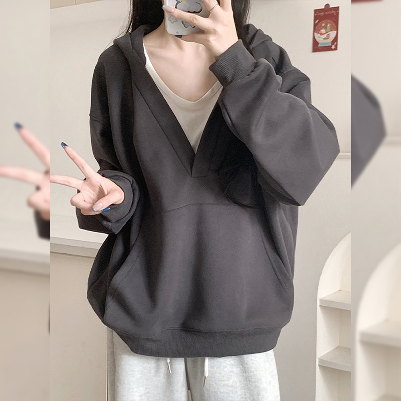Gray Hooded Sweater For Women Fleece-lined Thick Loose Casual Sweatshirt - Image 7