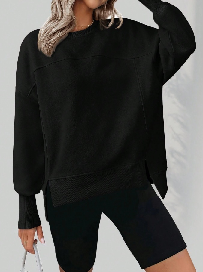 European And American Autumn And Winter Round Neck Long Sleeve Split Casual Loose Sweatshirt - Image 2