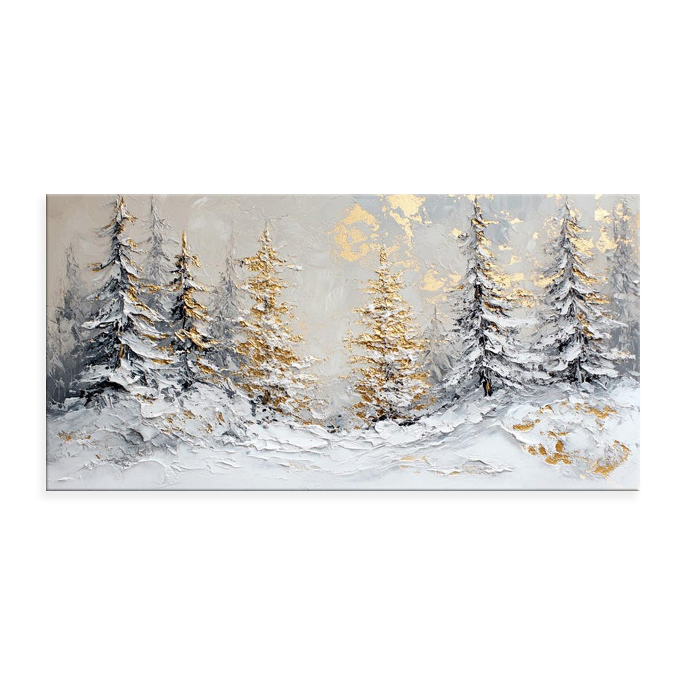 Handmade Oil Painting Canvas Wall Art Decoration Christmas Snowy Winter Scene Golden Pine Trees For Home Decor Rolled Frameless Unstretched Painting - Image 2