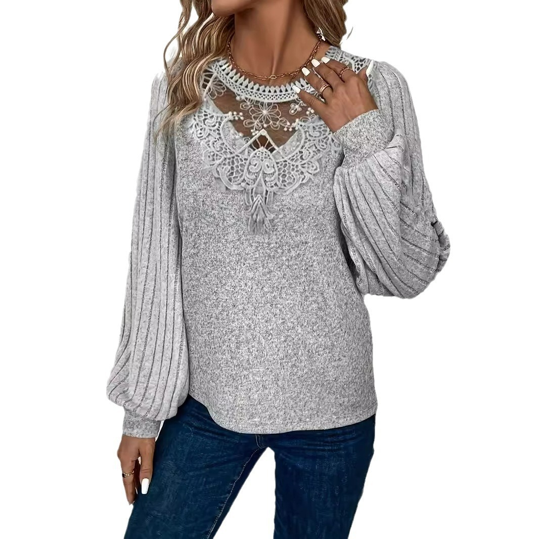 Drop Shoulder Thread Lace Collar Pullover - Image 2