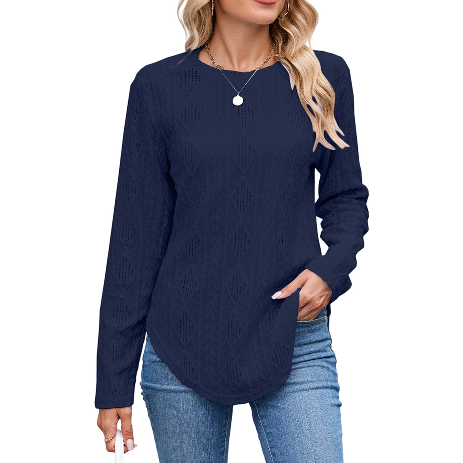 European And American Leisure Round Neck Long Sleeve Curved Hem T-shirt - Image 2