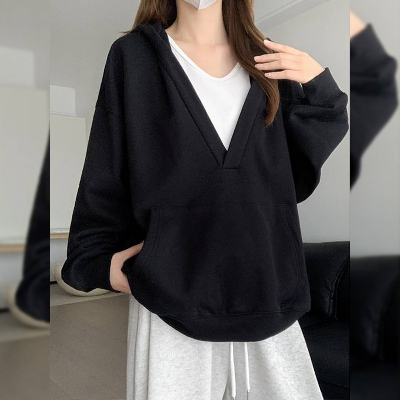 Gray Hooded Sweater For Women Fleece-lined Thick Loose Casual Sweatshirt - Image 4
