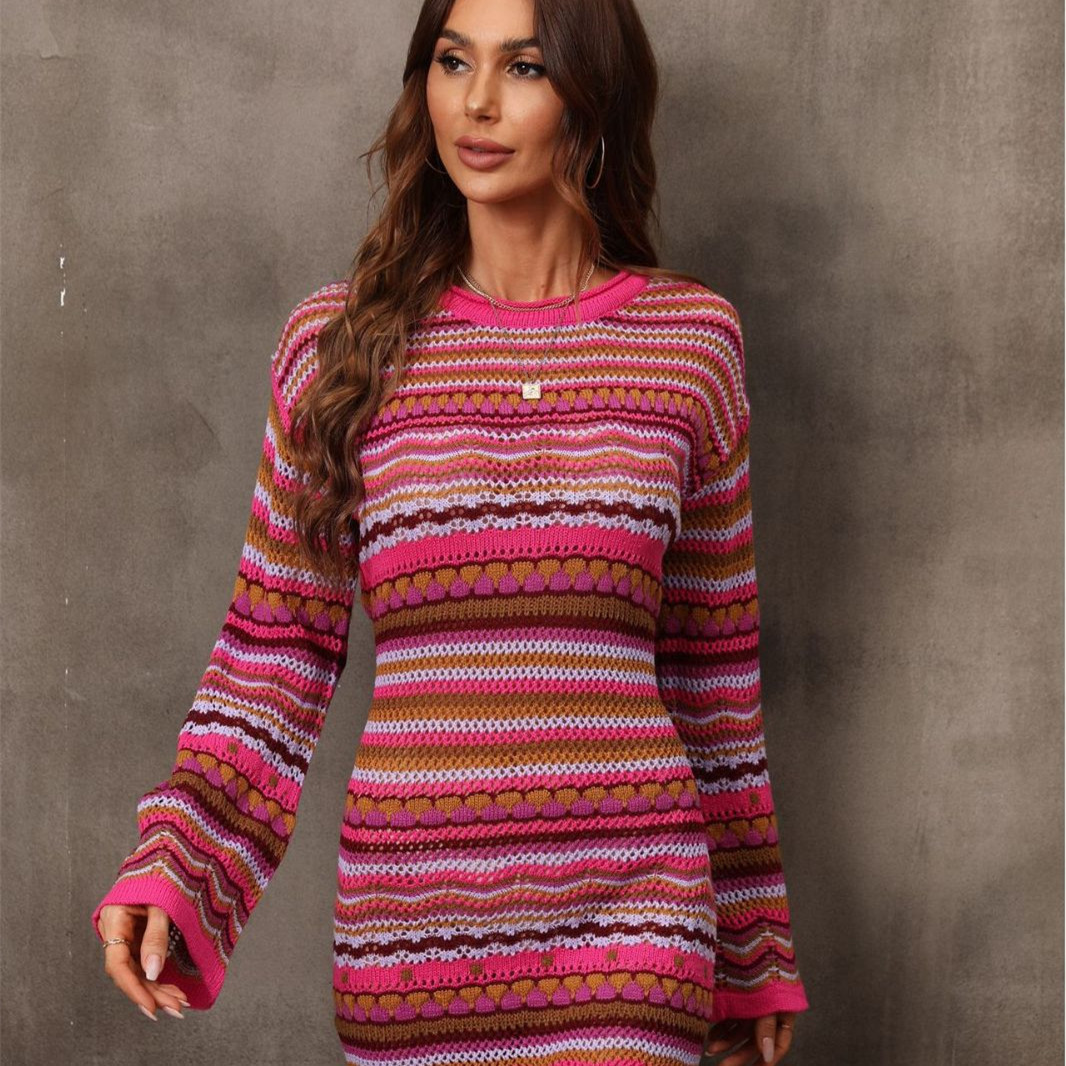 Women's Fashion Cutout Patchwork Knit Dress - Image 4