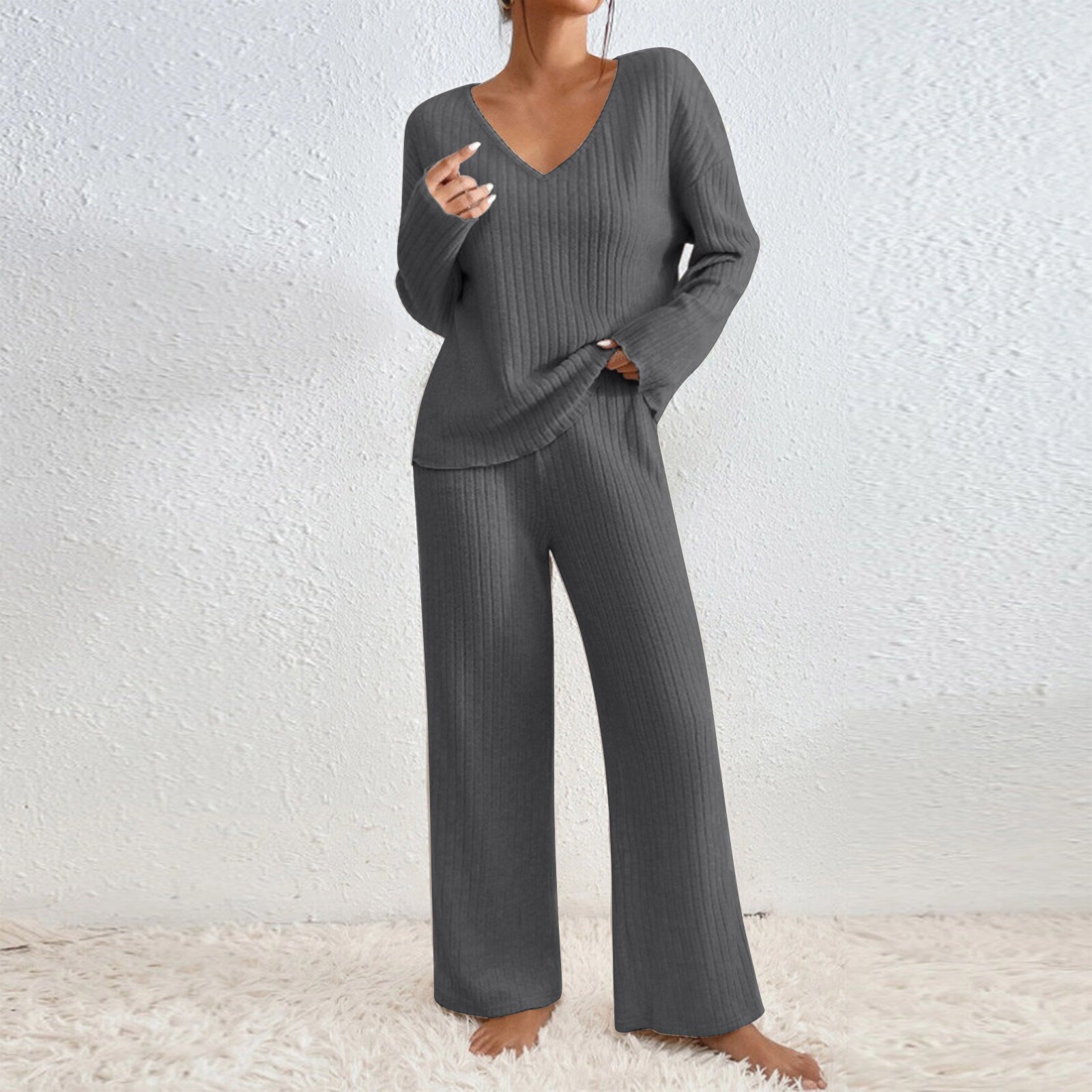 Long Sleeve V-neck Knitted Sunken Stripe Brushed Loose Leisure Suit - Image 6