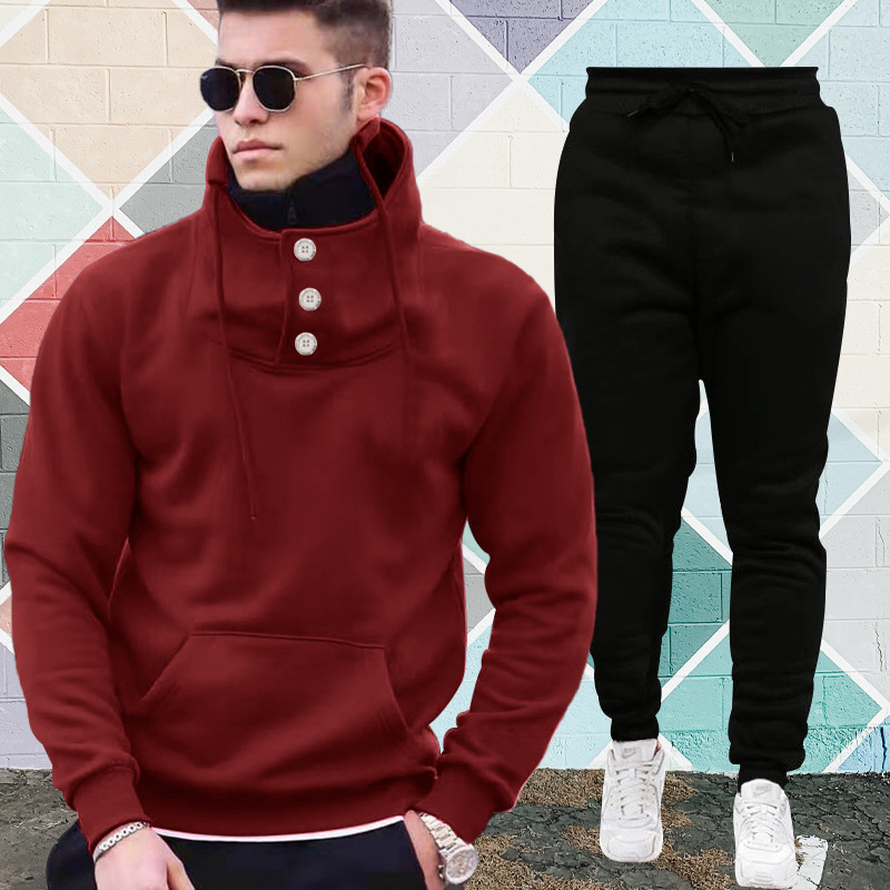 Hooded Pullover High Collar Double Collar Plush Casual Sports Sweater Suit For Men - Image 9