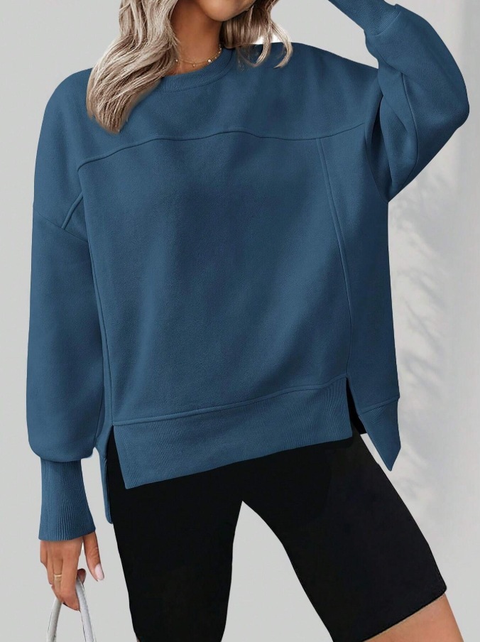 European And American Autumn And Winter Round Neck Long Sleeve Split Casual Loose Sweatshirt - Image 3