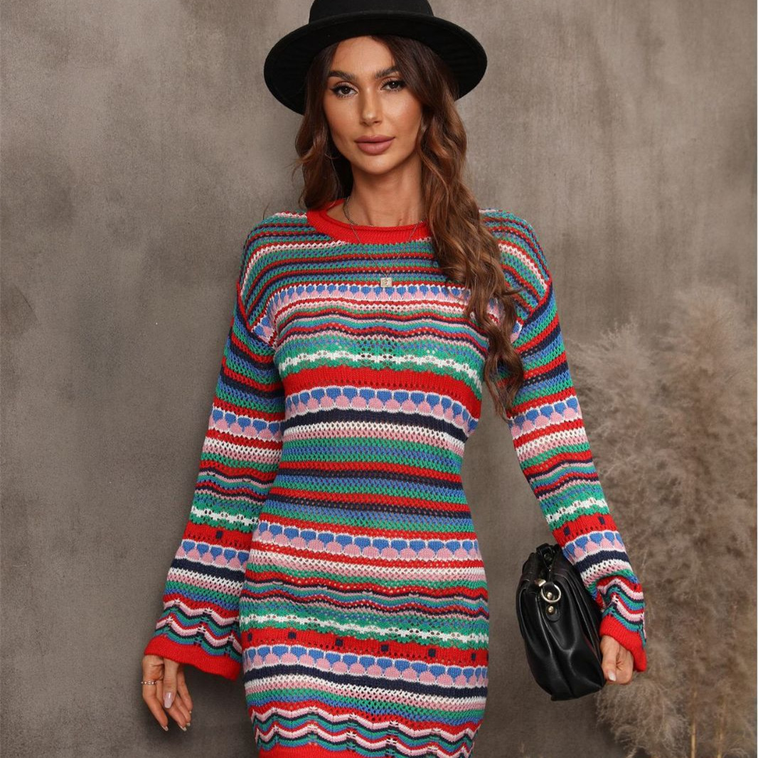 Women's Fashion Cutout Patchwork Knit Dress - Image 7