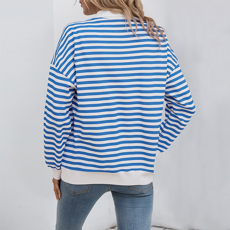 Autumn Long Sleeve Striped Loose T-shirt Casual Polo Collar Zipper Pullover Sweater For Women - Image 3