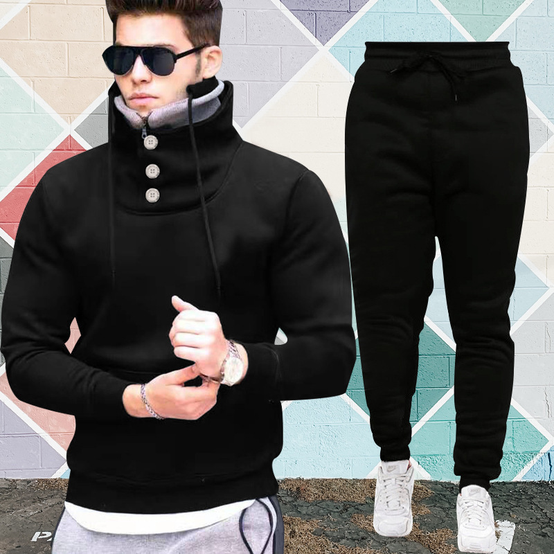 Hooded Pullover High Collar Double Collar Plush Casual Sports Sweater Suit For Men - Image 8