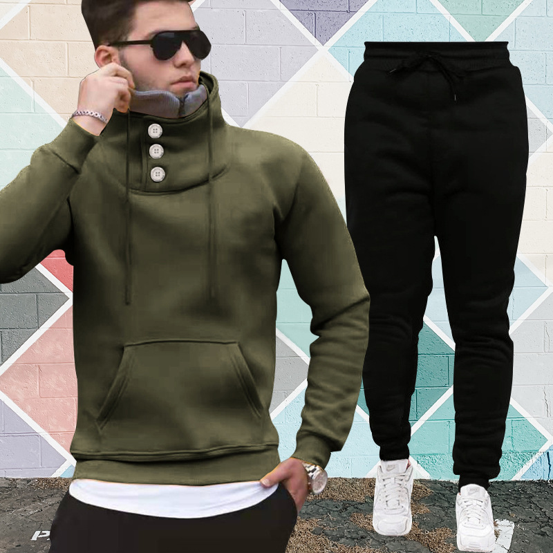 Hooded Pullover High Collar Double Collar Plush Casual Sports Sweater Suit For Men - Image 4