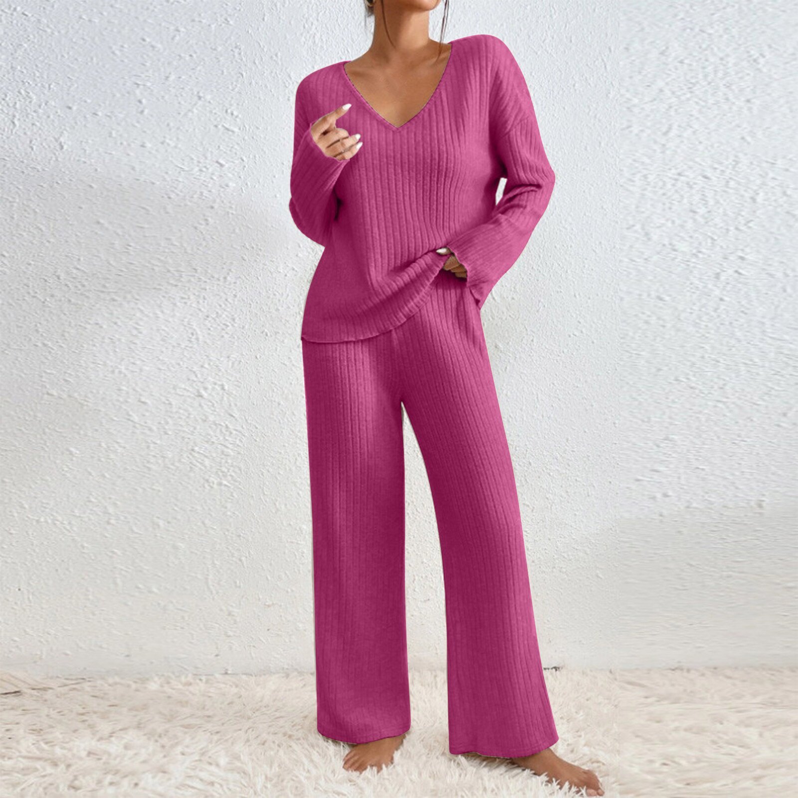 Long Sleeve V-neck Knitted Sunken Stripe Brushed Loose Leisure Suit - Image 5