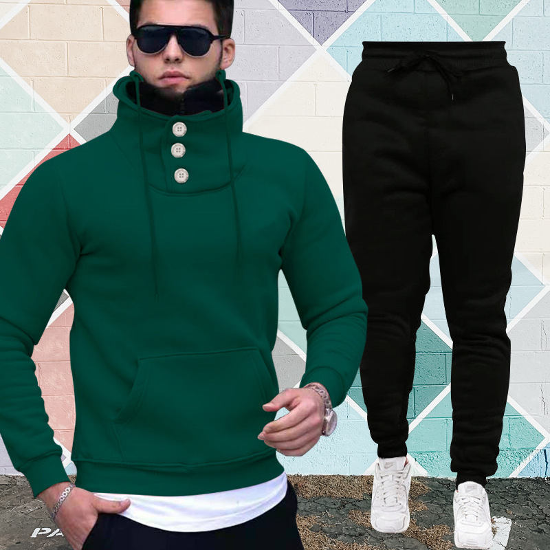 Hooded Pullover High Collar Double Collar Plush Casual Sports Sweater Suit For Men - Image 7