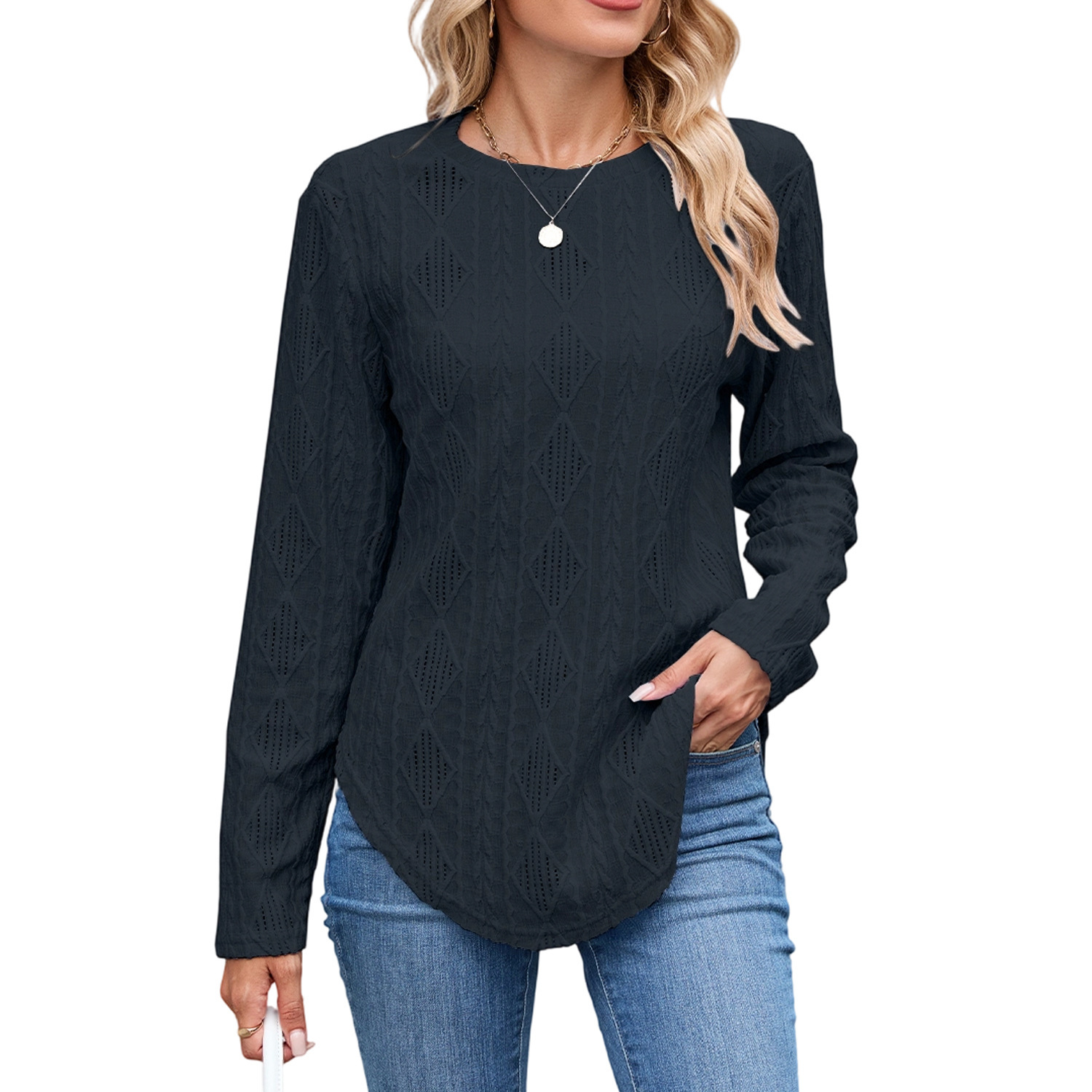 European And American Leisure Round Neck Long Sleeve Curved Hem T-shirt - Image 7