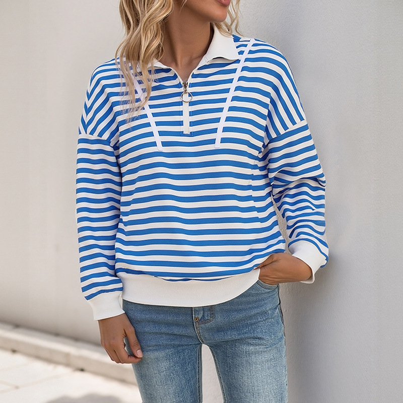 Autumn Long Sleeve Striped Loose T-shirt Casual Polo Collar Zipper Pullover Sweater For Women - Image 4