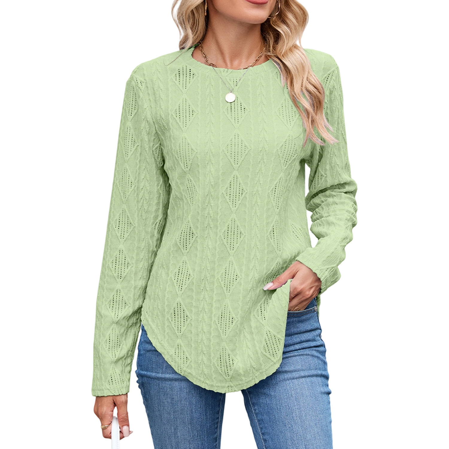 European And American Leisure Round Neck Long Sleeve Curved Hem T-shirt - Image 3