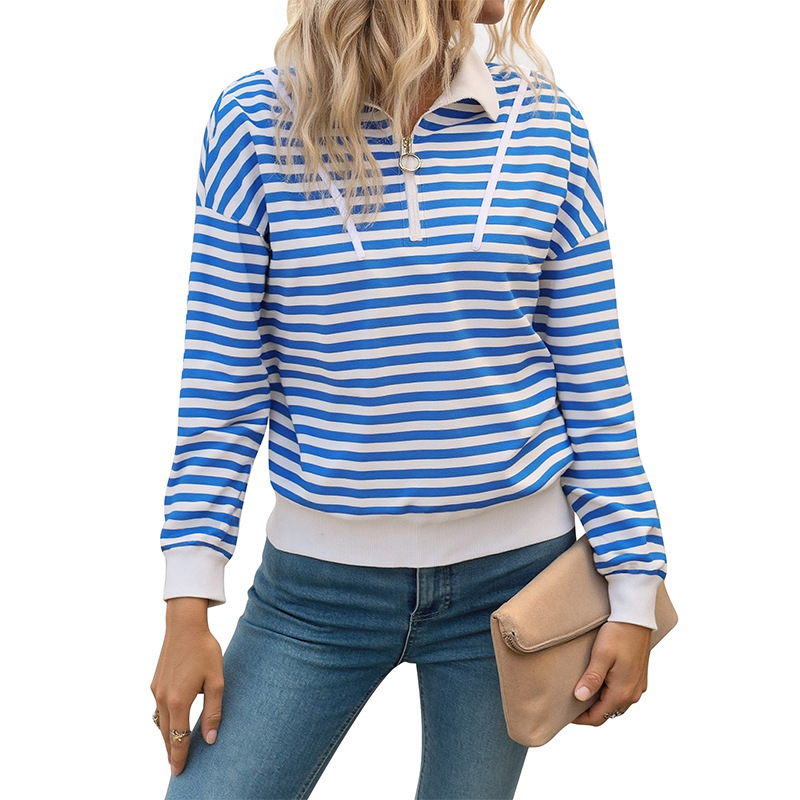 Autumn Long Sleeve Striped Loose T-shirt Casual Polo Collar Zipper Pullover Sweater For Women - Image 6
