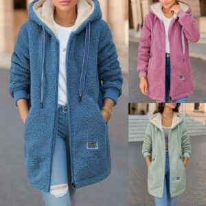 Winter Fleece Hooded Jacket Fashion Casual Zip-up Pockets Long Sweatshirt Warm Commuter Women's Clothing