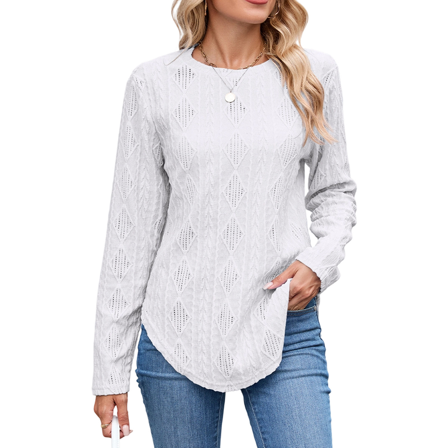 European And American Leisure Round Neck Long Sleeve Curved Hem T-shirt - Image 4