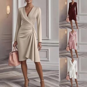 V Neck Folds Solid Color Slim-fit Long Sleeve V-pleated Design Dress Women's Office Commuter A-line Midi Party Dresses Female Clothing